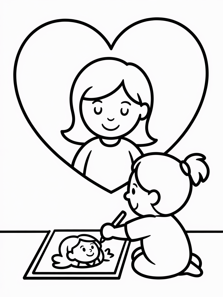 girl drawing picture of her mom coloring page