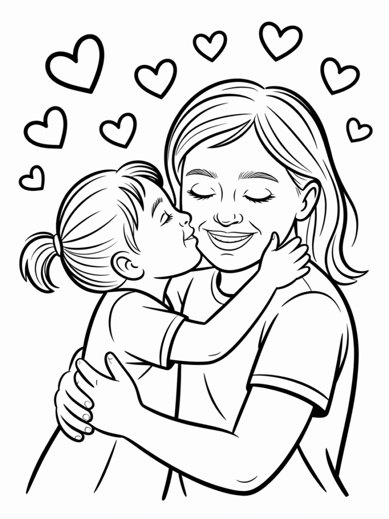 daughter kissing her mom coloring page