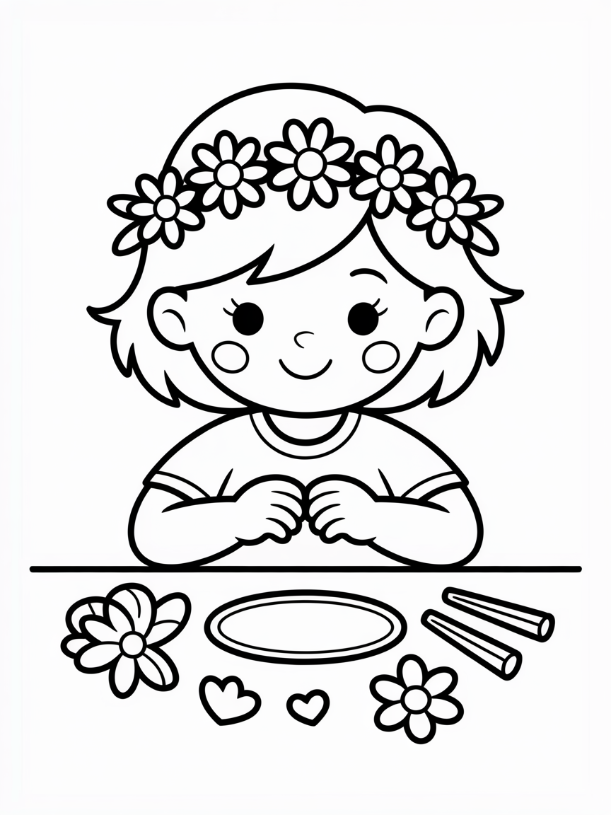 girl making a flower crown for mom coloring page