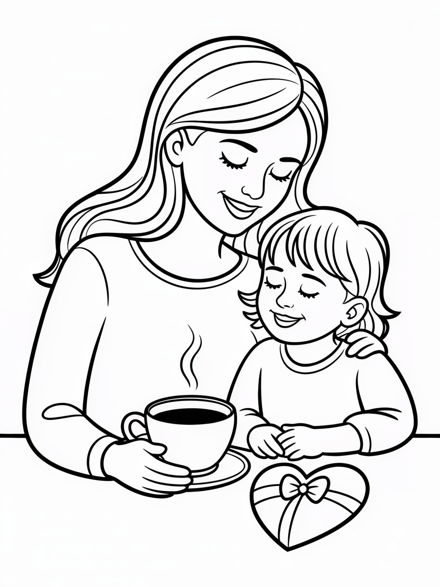 mom & child with coffee coloring page