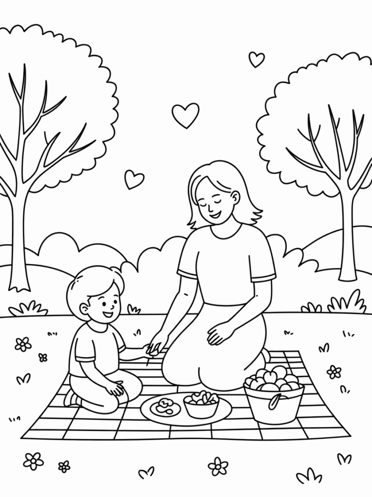 mother son enjoying picnic coloring page 