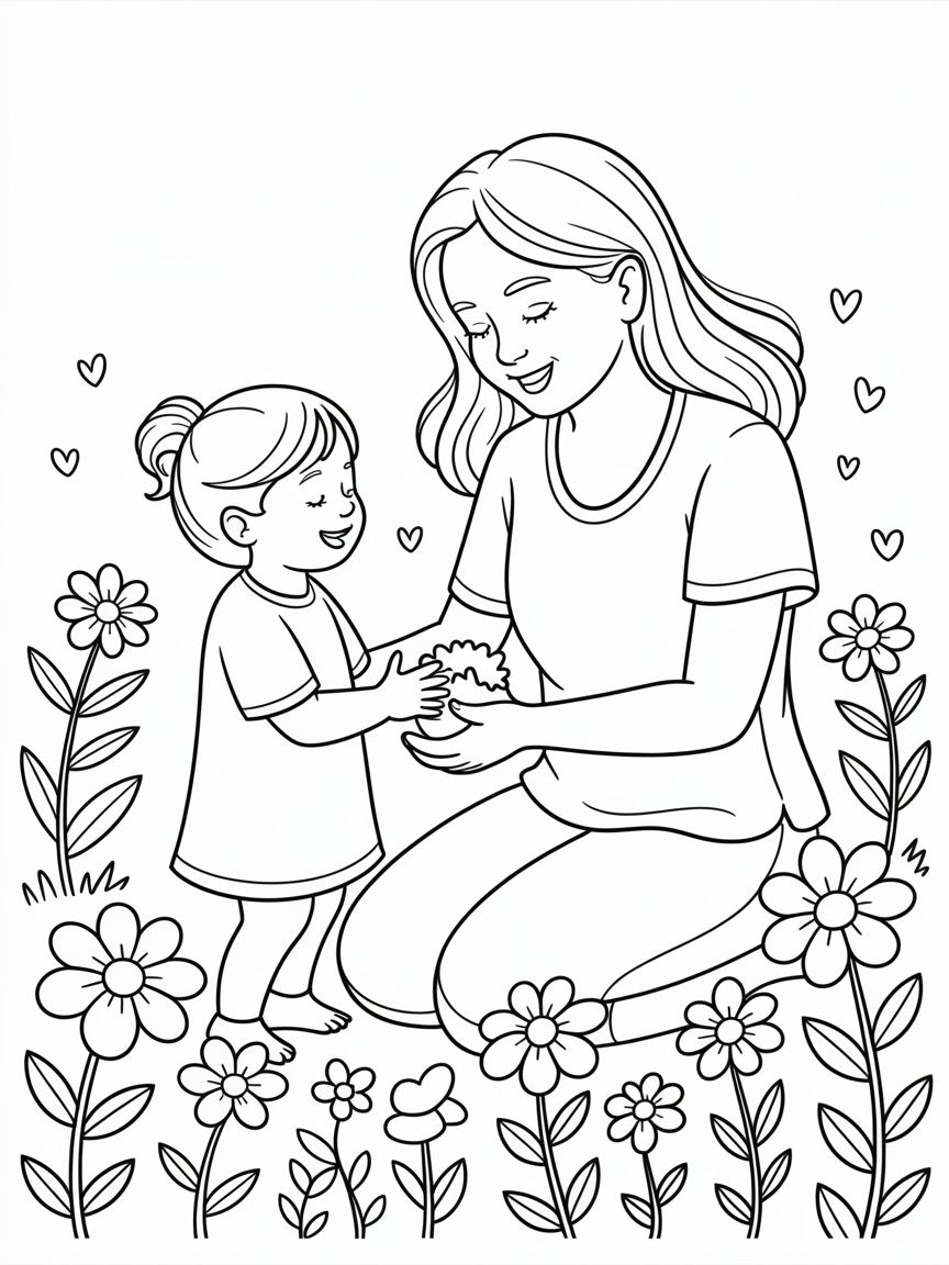 mother & daughter collecting flowers coloring page 