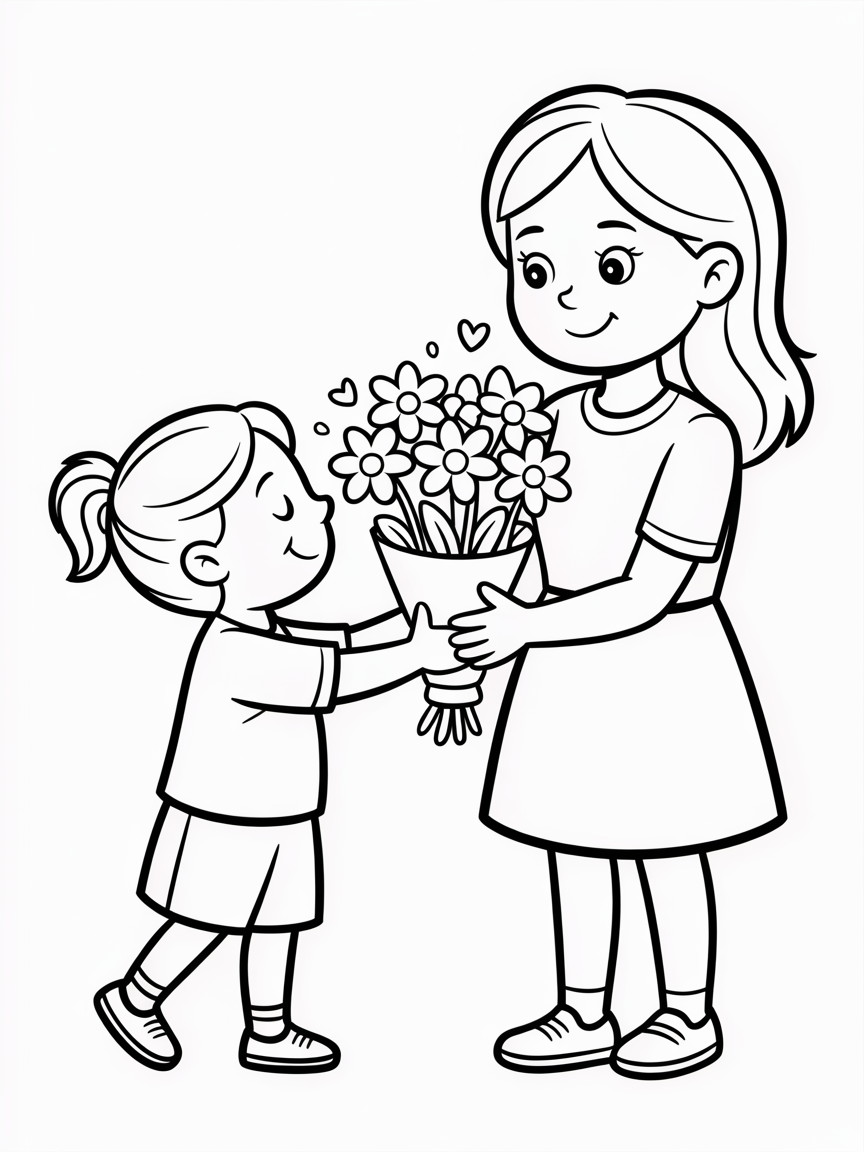 girl giving bouquet to mom coloring page