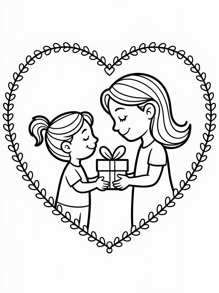 girl giving gift to mom coloring page 