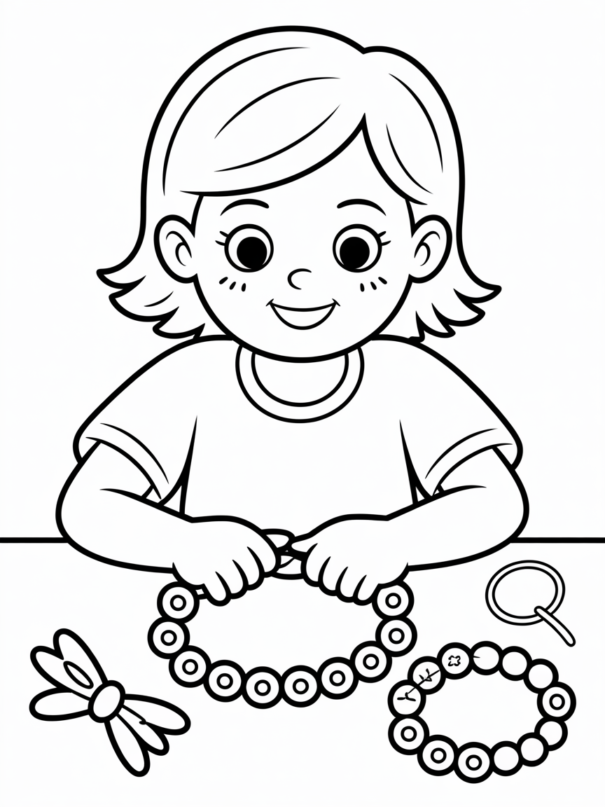 girl making beaded jewelry coloring page