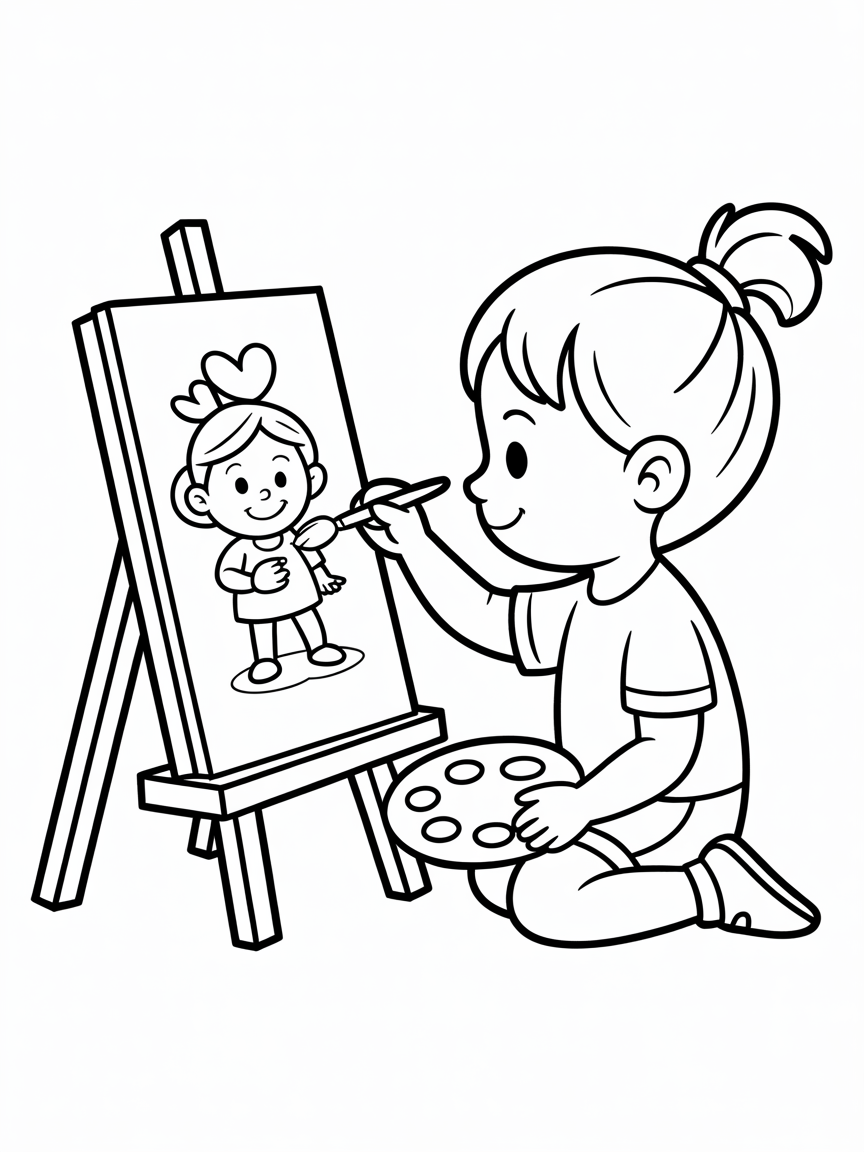 girl painting portrait of mom coloring page
