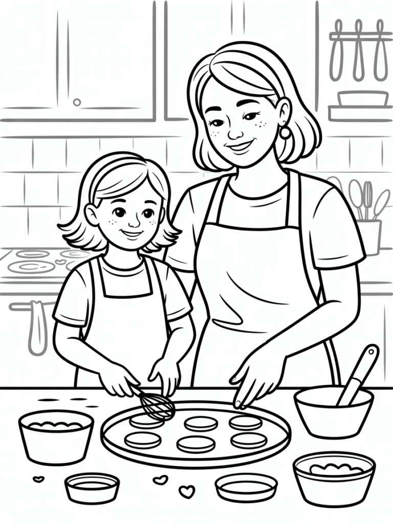 mother & daughter baking coloring page