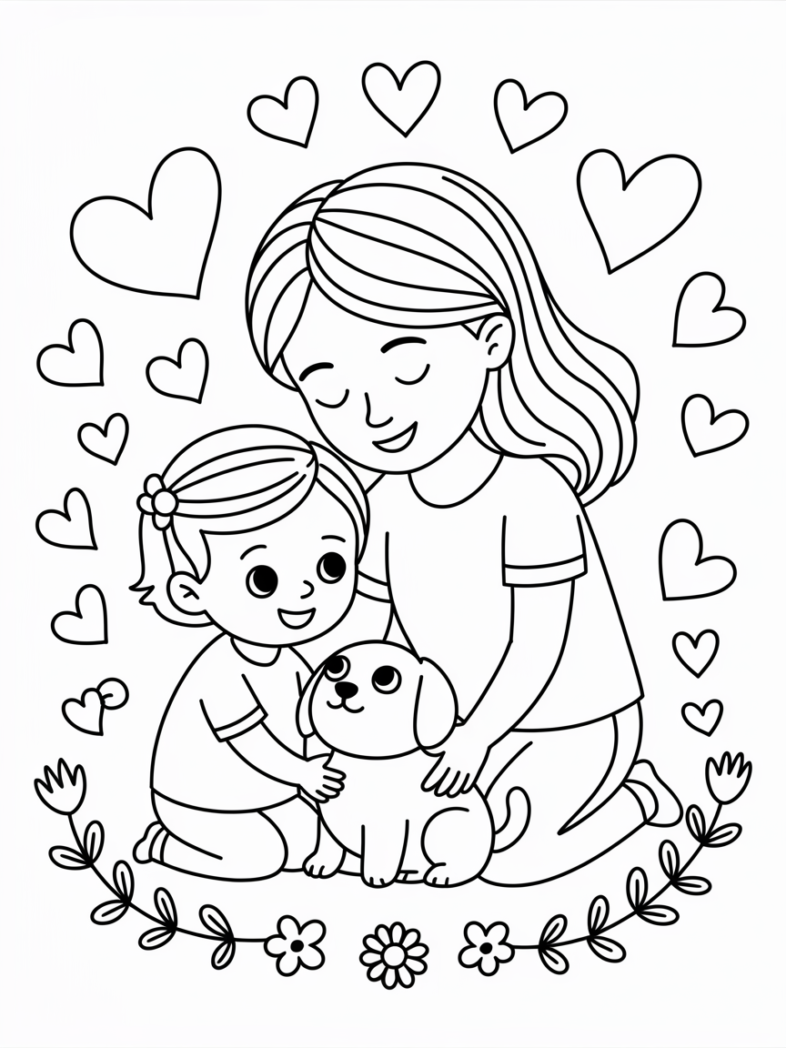 mother & child caring for puppy coloring page