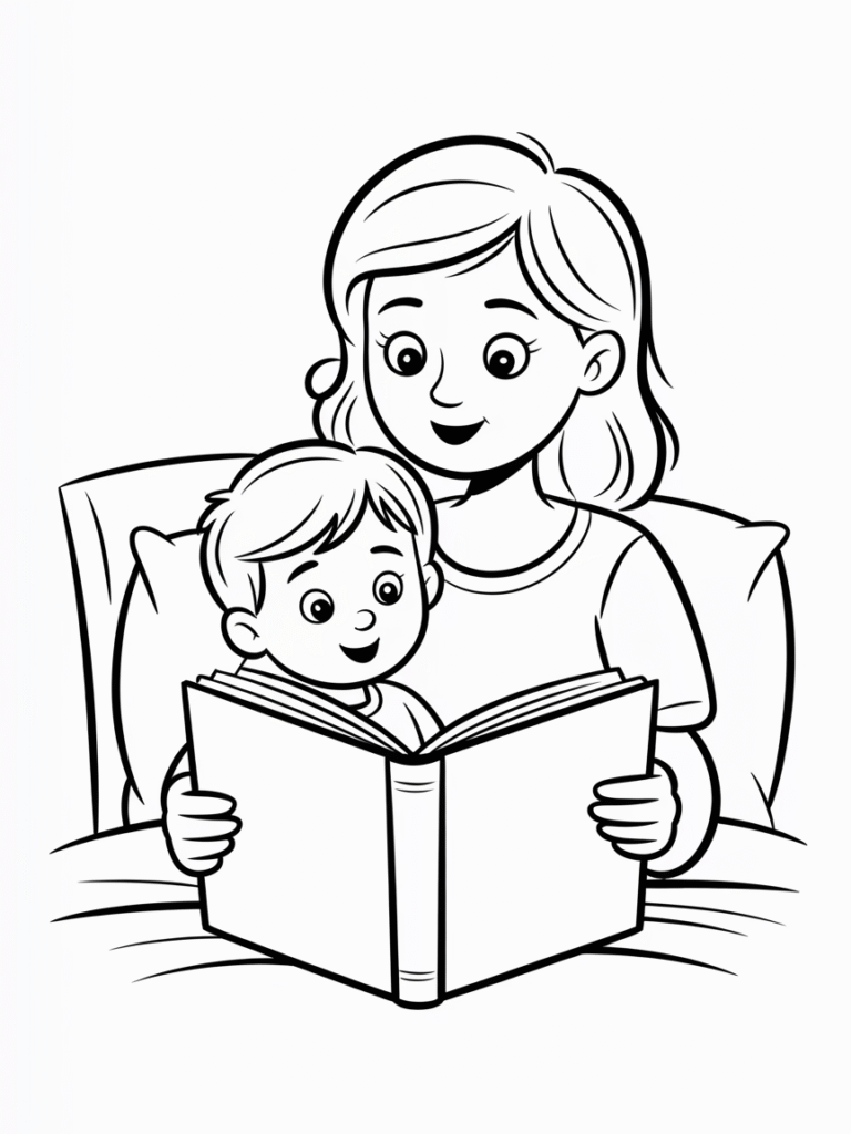 mother reading bedtime story to son coloring page 