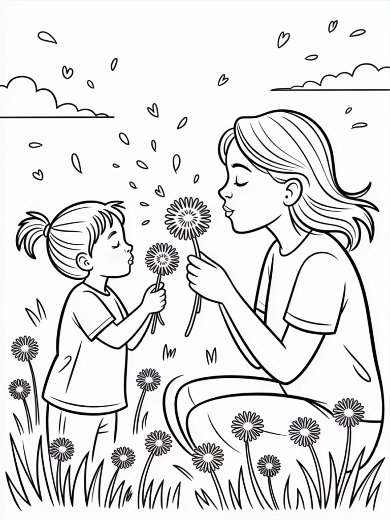 mother daughter blowing dandelions coloring page