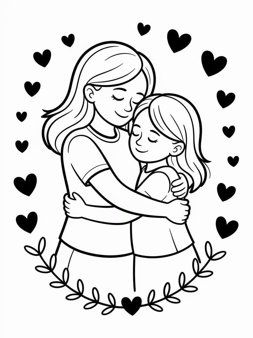 mother & daughter hugging coloring page
