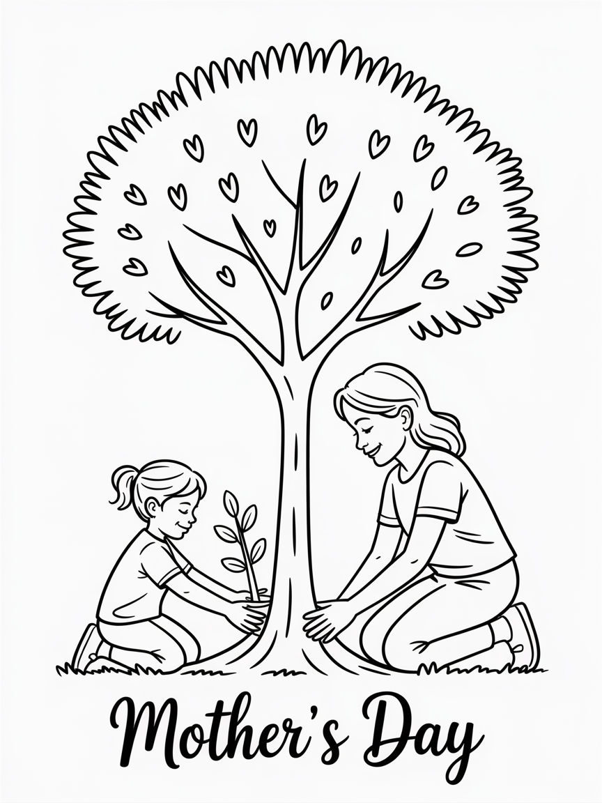 mother & daughter nurturing a tree coloring page