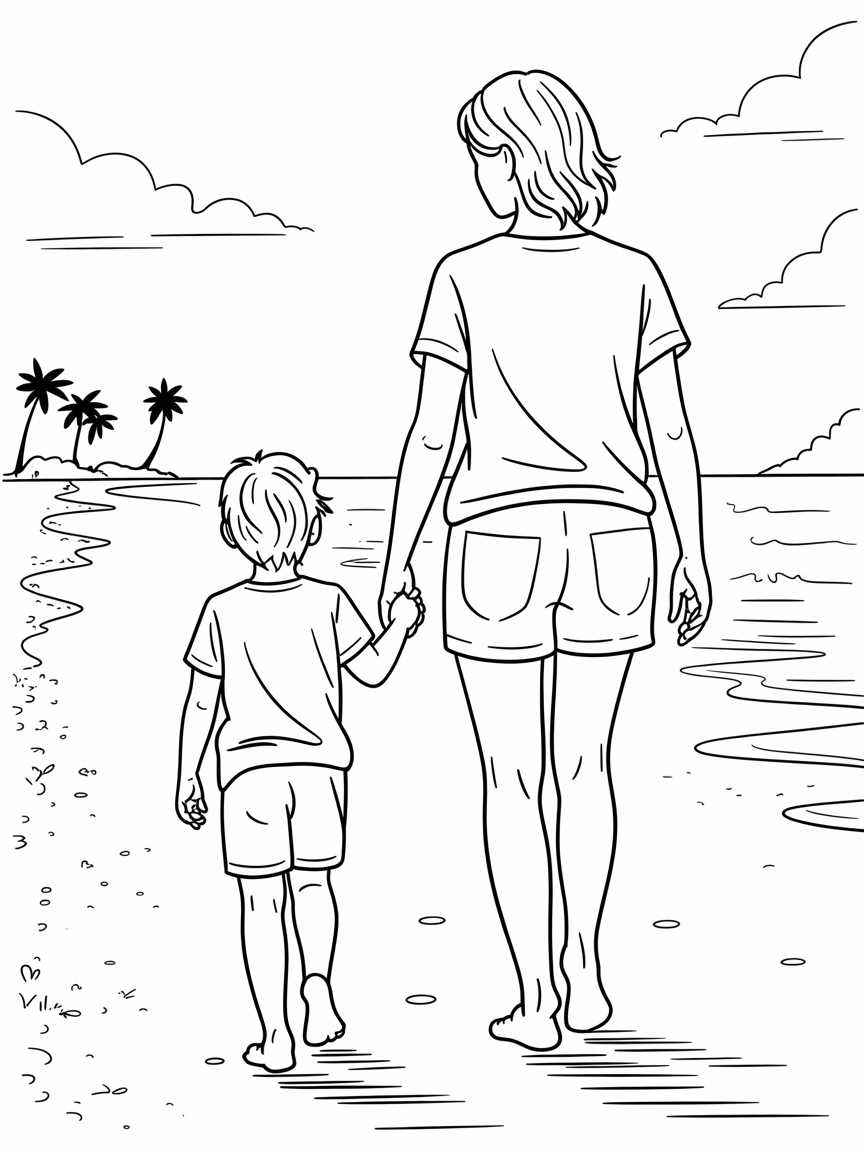 mother & son walking on beach coloring page