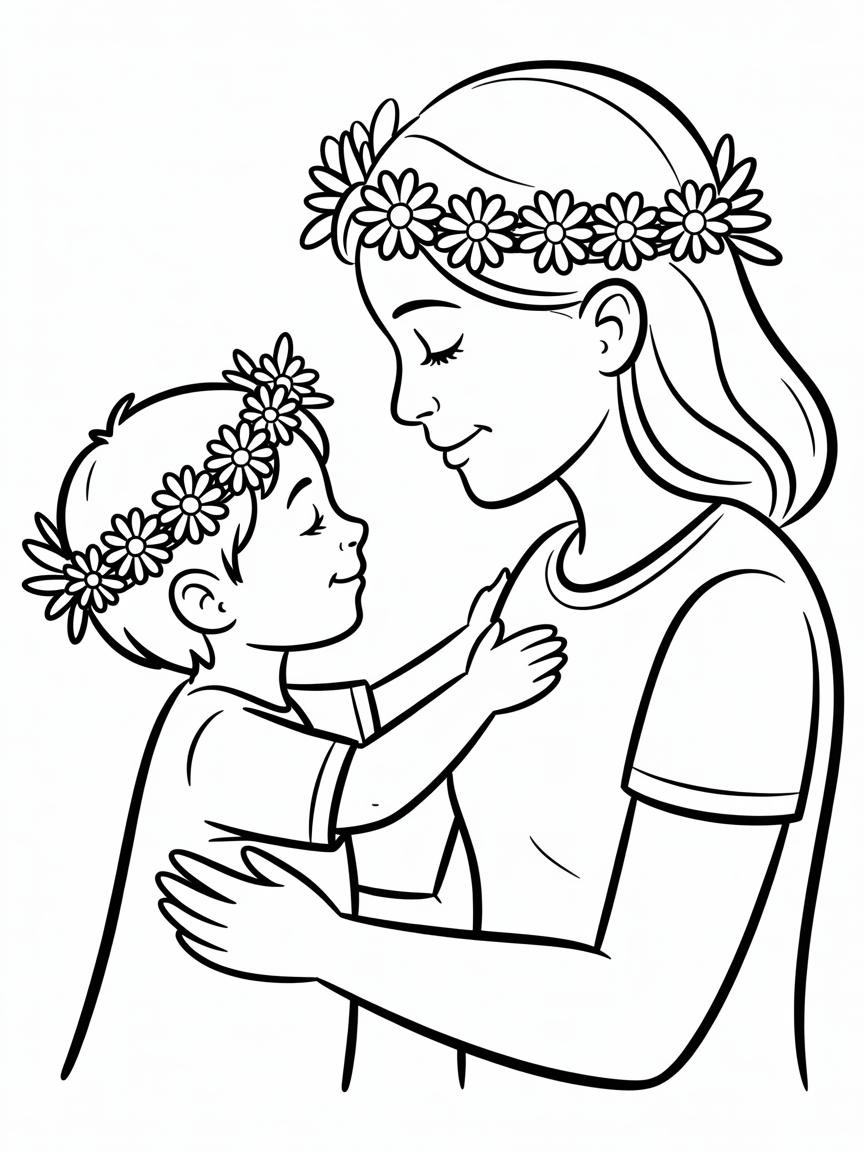 mother son wearing floral crowns coloring page