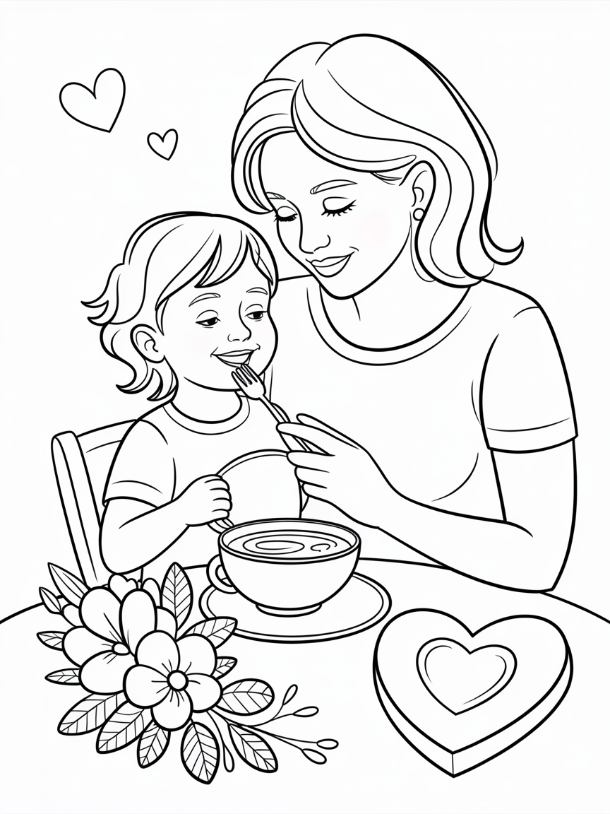 mom feeding her child coloring page
